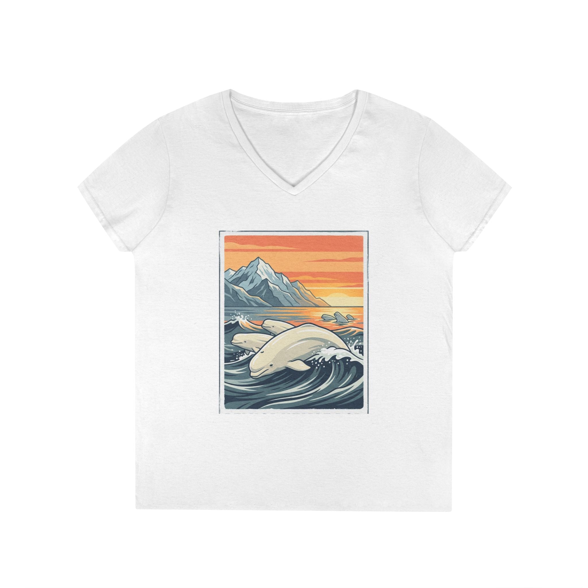 Sunset Beluga V-Neck T-Shirt — Whale Ocean Graphic Tee for Women