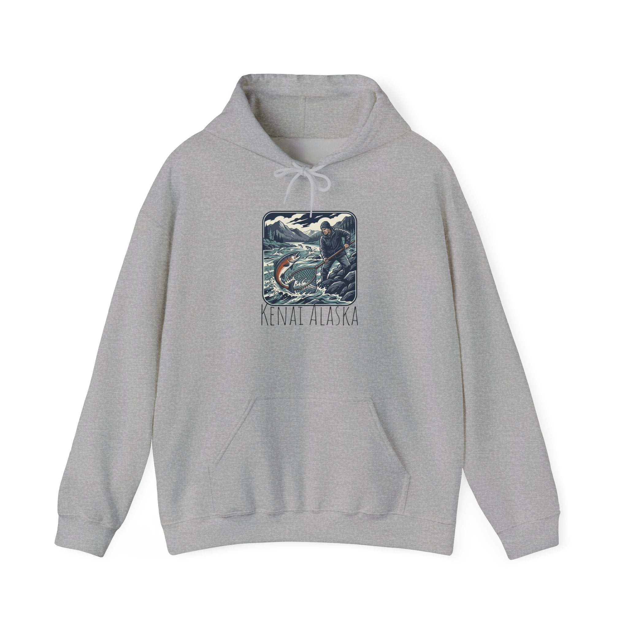 Kenai Alaska Fishing Hoodie – Vintage Salmon & River Scene