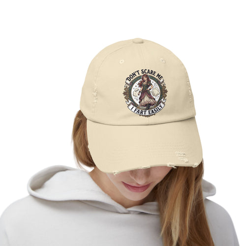Distressed Cap — "Don't Scare Me, I Fart Easily" Vintage Witch Design