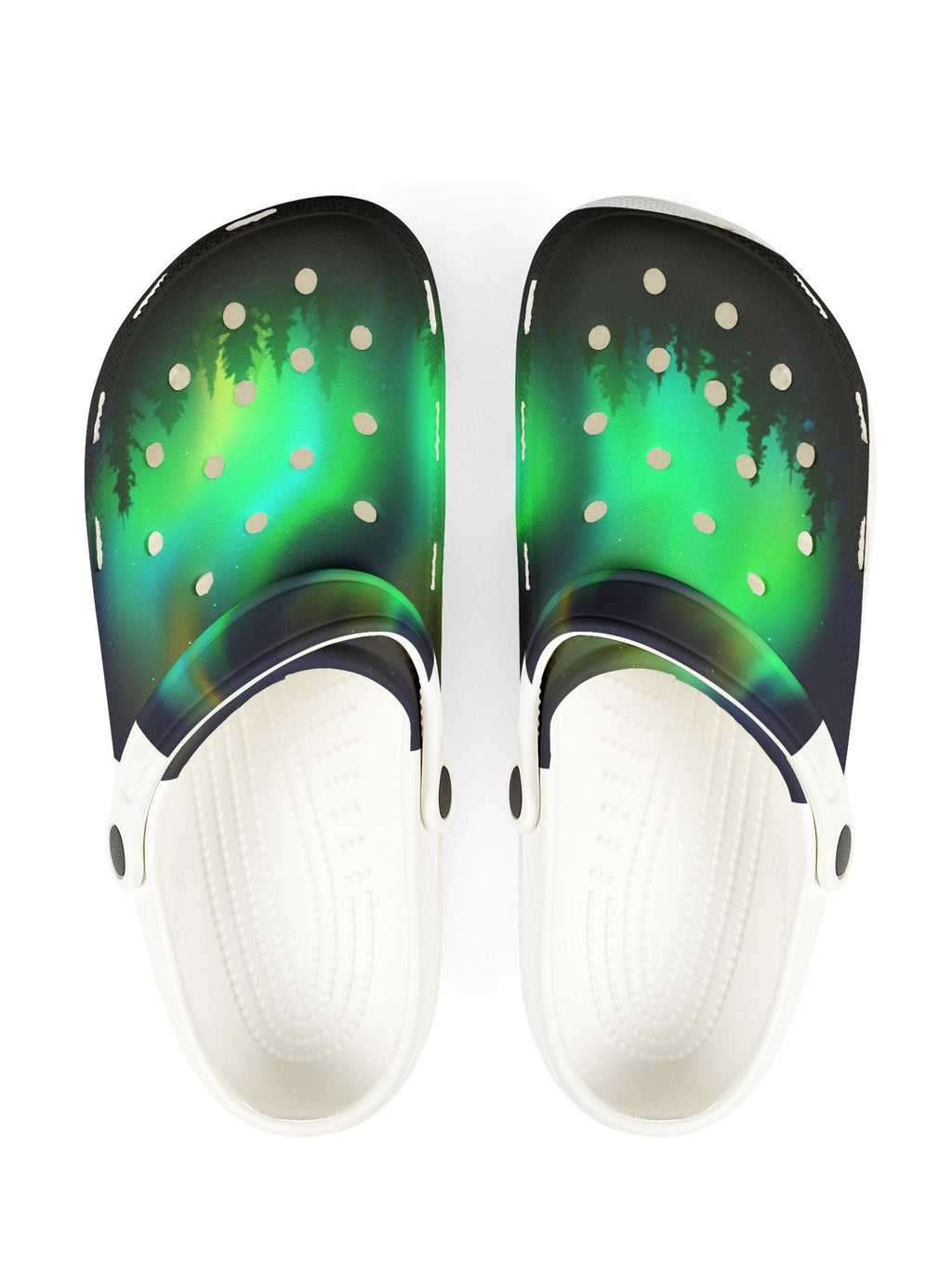 Aurora Glow EVA Clogs — Green Northern Lights Printed Foam Shoes