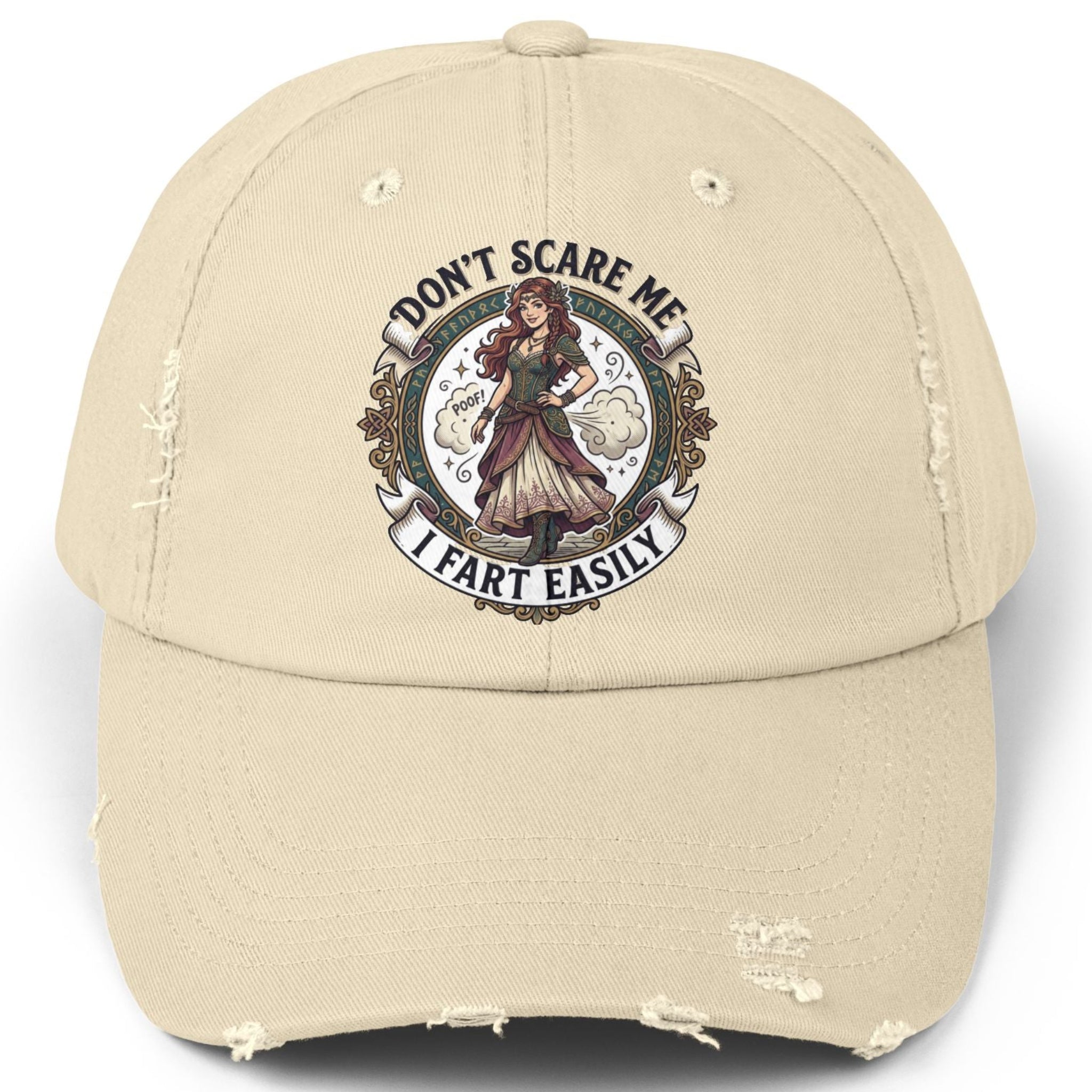 Distressed Cap — "Don't Scare Me, I Fart Easily" Vintage Witch Design