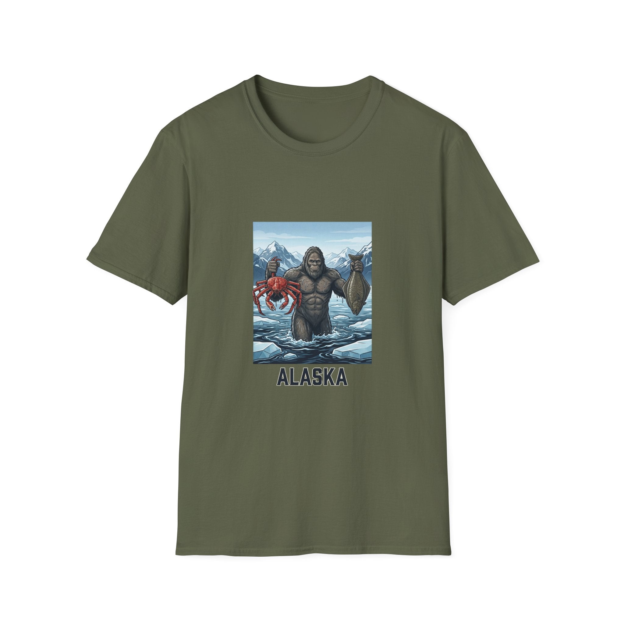 Alaska Sasquatch Holding Crab & Fish T‑Shirt — Funny Alaska Vacation Tee