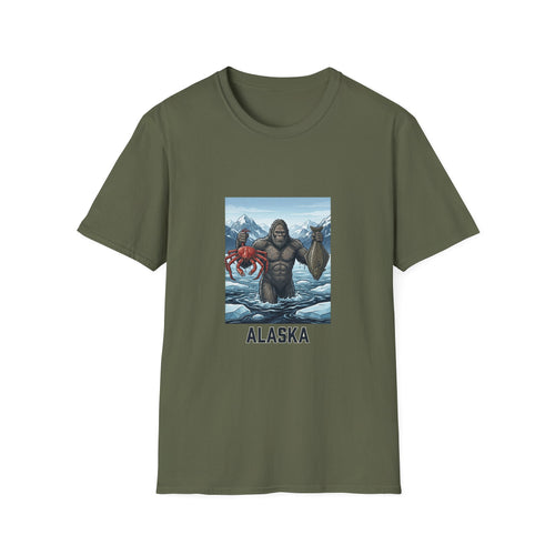 Alaska Sasquatch Holding Crab & Fish T‑Shirt — Funny Alaska Vacation Tee