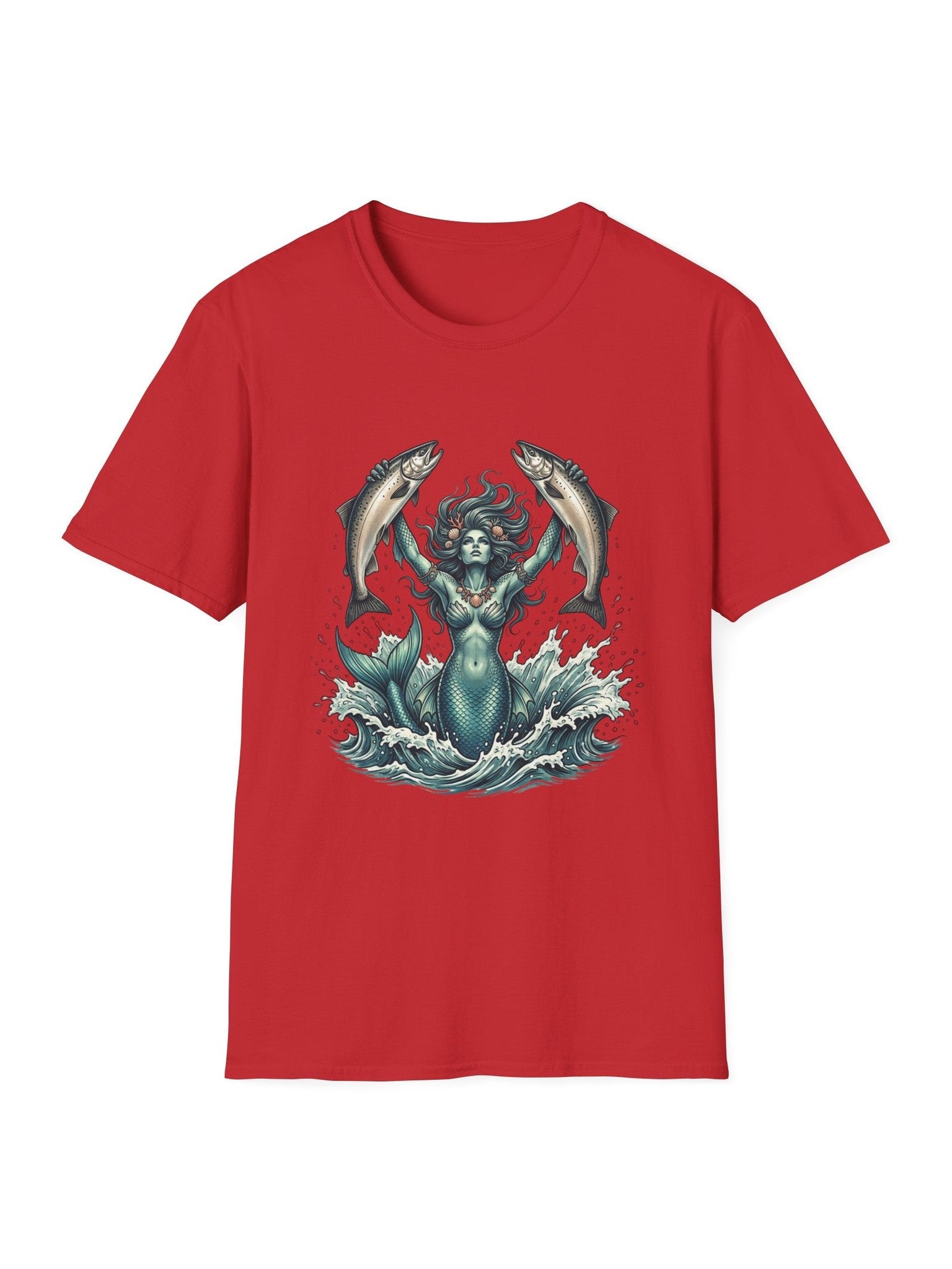 Mermaid & Salmon Graphic T-Shirt — Ocean Wave Fantasy Tee