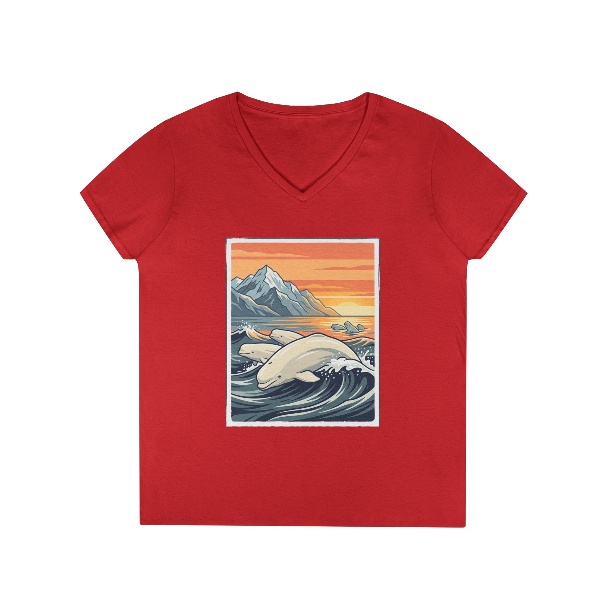 Sunset Beluga V-Neck T-Shirt — Whale Ocean Graphic Tee for Women