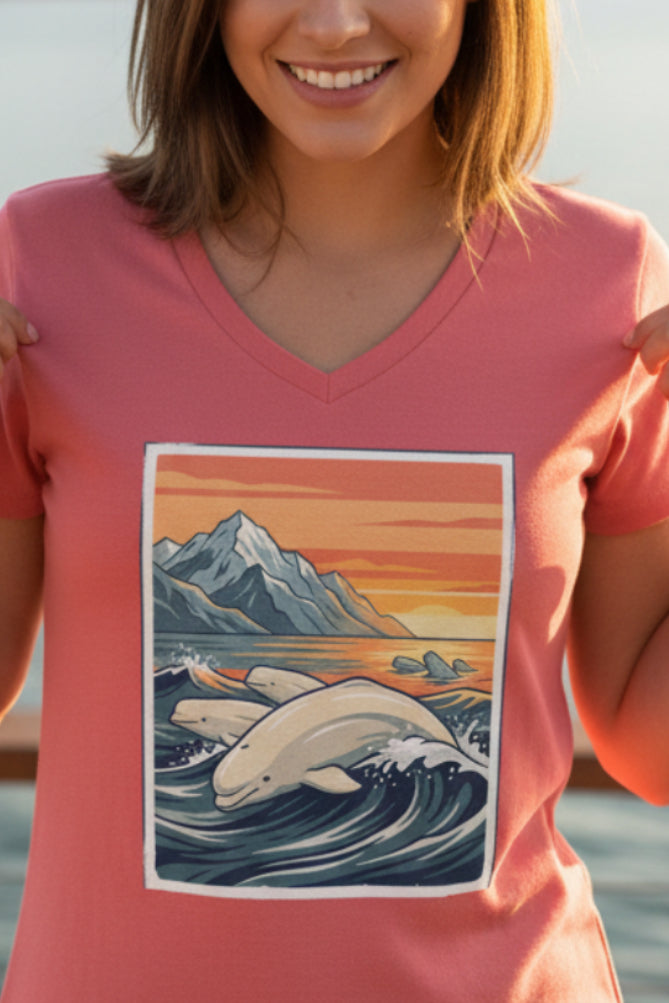 Sunset Beluga V-Neck T-Shirt — Whale Ocean Graphic Tee for Women